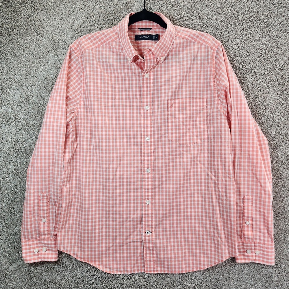 Nautica Shirt‎ Mens Medium White Pink Gingham Check Pocket Collared Button Down